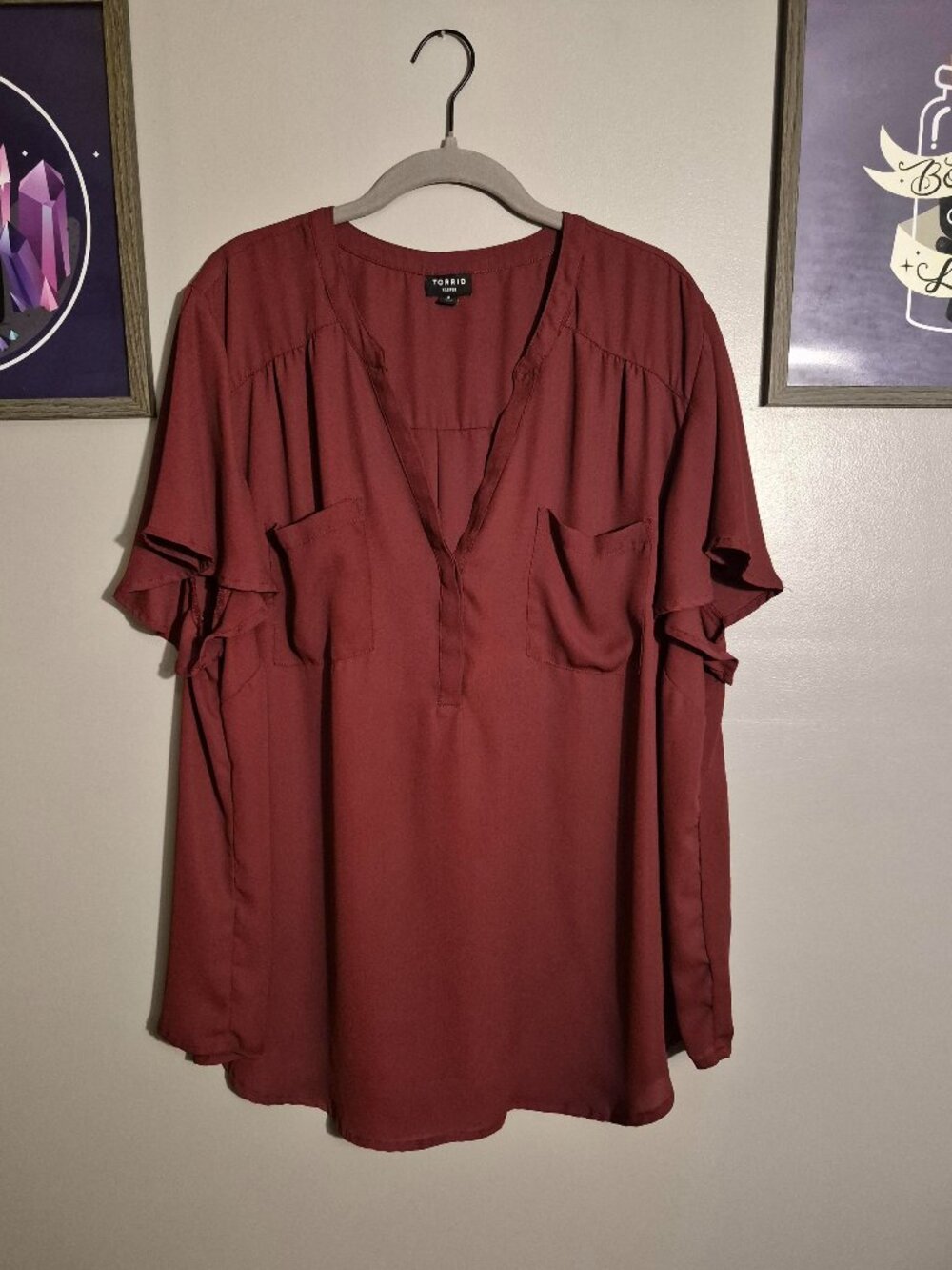 Wine Red Short-Sleeved Blouse